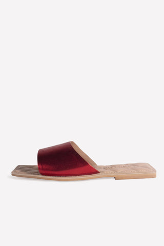 Square Toe Flat Mule Metallic Red - oobashIndia